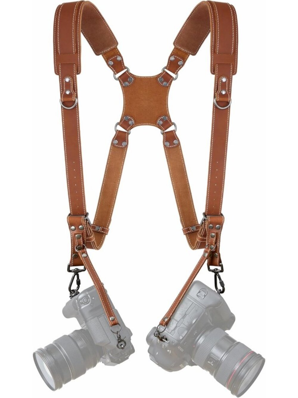Tan Dual Camera Harness Strap | Padded Leather for DSLR/SLR | Multi-Camera Gear
